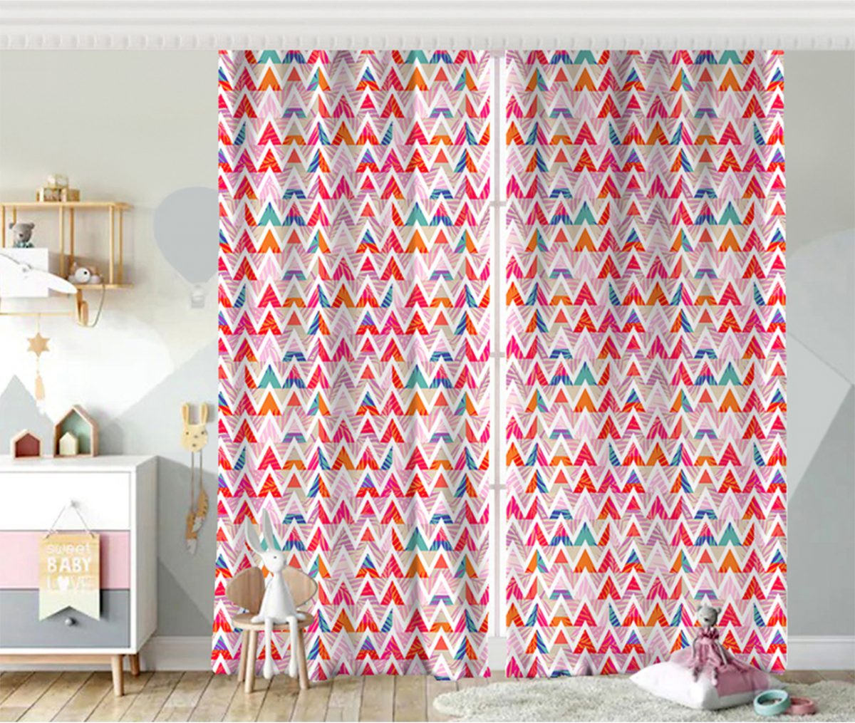 Geometrik Desenli Renkli Zeminli Modern Bebek Odası Fon Perde Realhomes