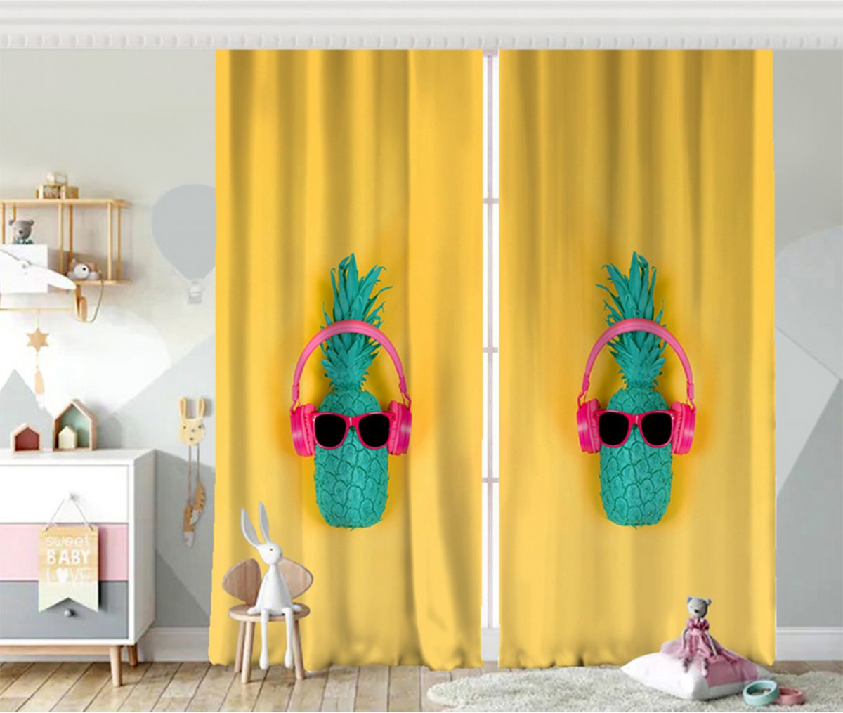 Sarı Zeminli Ananas Detaylı Modern Bebek Odası Fon Perde Realhomes