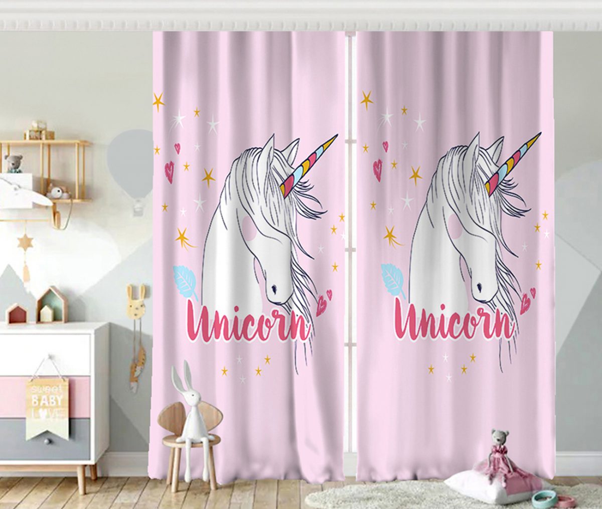 Pembe Zeminli Unicorn At Desenli Dekoratif Çocuk Odası Fon Perde Realhomes