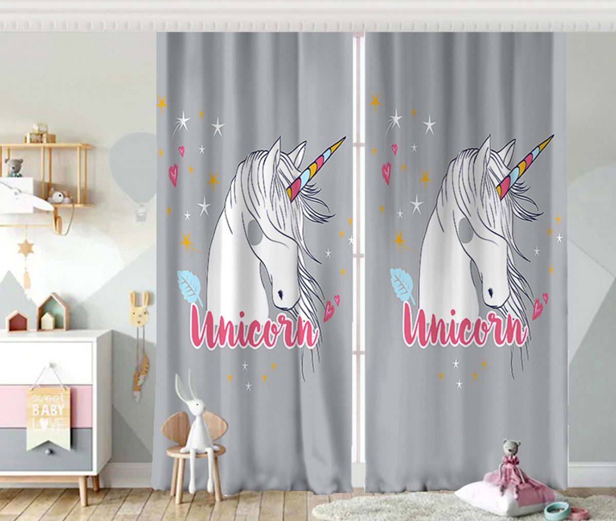 Gri Zeminli Unicorn At Desenli Özel Tasarım Çocuk Odası Fon Perde Realhomes
