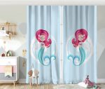 Mavi Zeminde Denizkızı Desenli Dijital Baskılı Çocuk Odası Fon Perde Realhomes