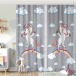 Mavi Zeminde Unicorn At Desenli Çocuk Odası Fon Perde Realhomes