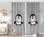 Gri Zeminli Uçan Sevimli Penguen Tasarımlı Bebek Odası Fon Perde Realhomes