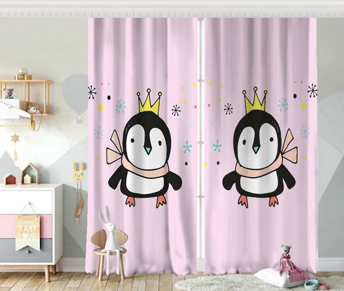 Pembe Zeminli Uçan Sevimli Penguen Tasarımlı Bebek Odası Fon Perde Realhomes