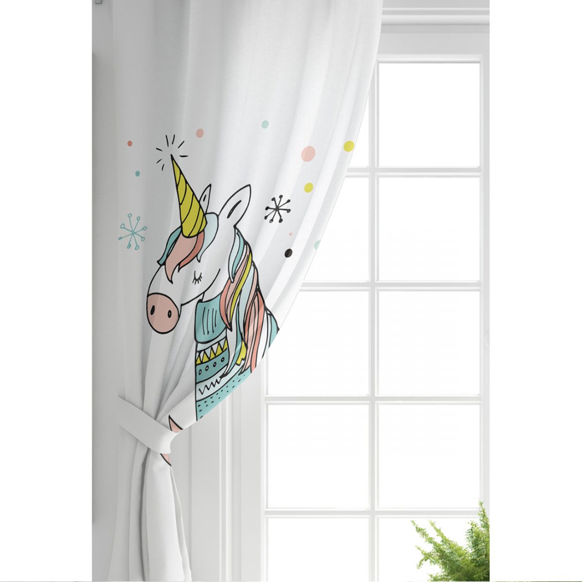 Beyaz Zeminde Unicorn Motifli Bebek Odası Fon Perde Realhomes