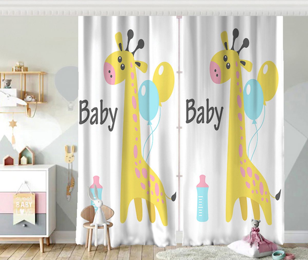 Balon ve Zürafa Desenli Özel Tasarım Bebek Odası Fon Perde Realhomes