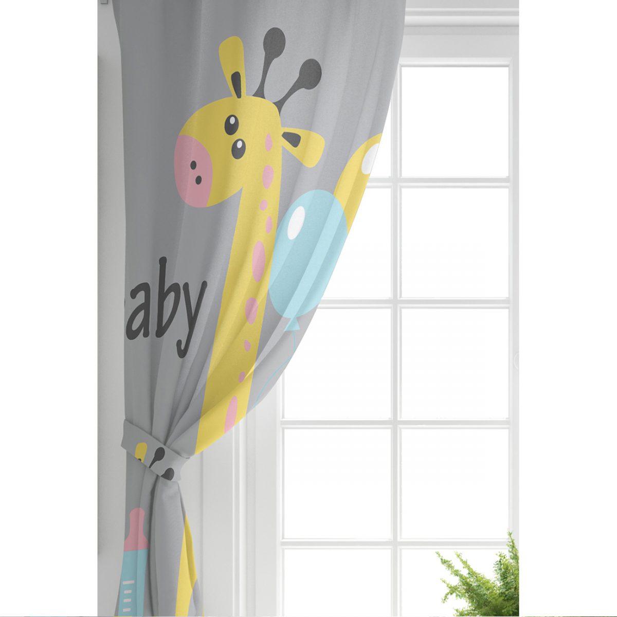 Gri Zeminde Balon ve Zürafa Desenli Özel Tasarım Bebek Odası Fon Perde Realhomes