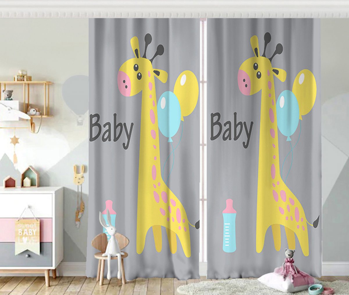 Gri Zeminde Balon ve Zürafa Desenli Özel Tasarım Bebek Odası Fon Perde Realhomes