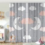 Mavi Zeminde Ay ve Bulut Desenli Bebek Odası Fon Perde Realhomes