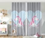Gri Zeminli Mavi Kalpli Unicorn Desenli Çocuk Odası Fon Perde Realhomes