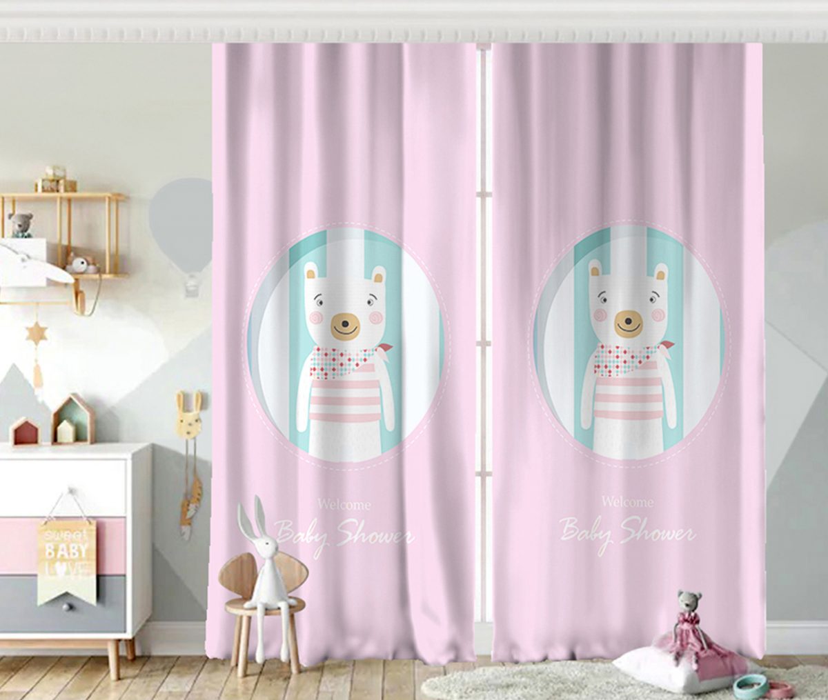Welcome Baby Shower Temalı Sevimli Ayıcık Çocuk Odası Fon Perde Realhomes