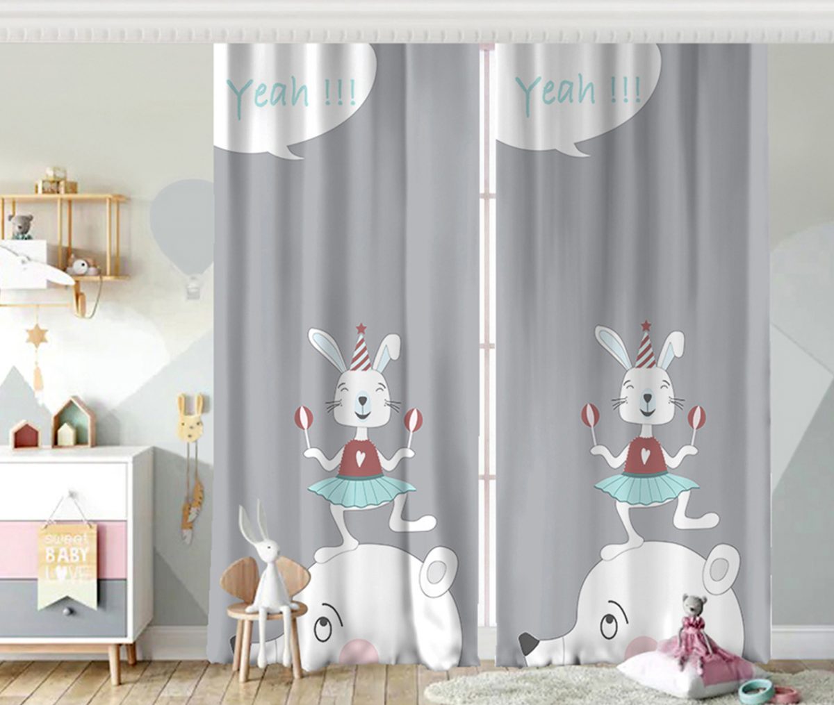 Sevimli Sirk Tavşanı Çocuk Odası Fon Perde Realhomes