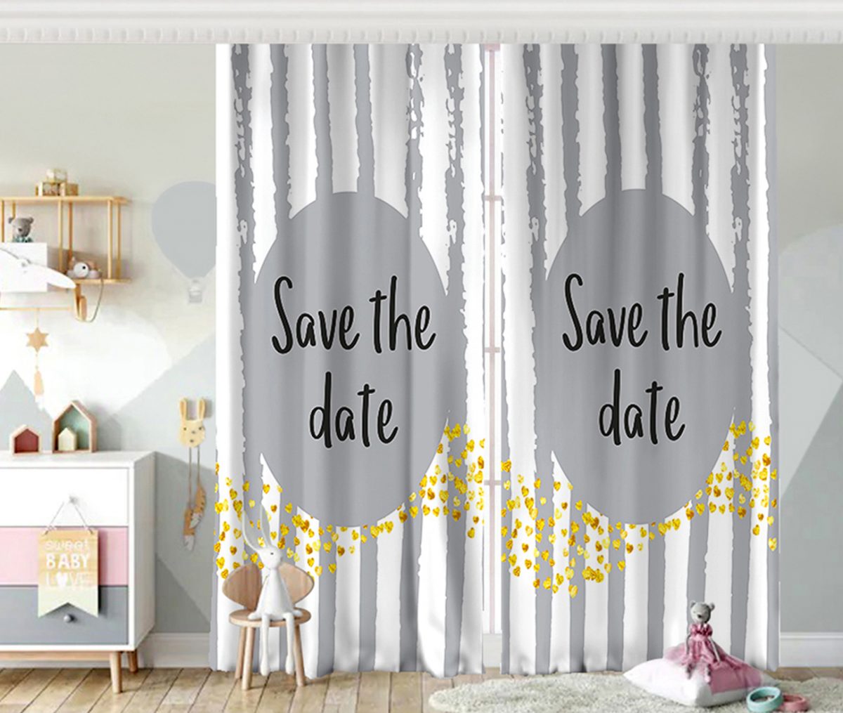 Gri Zeminde Save The Date Motifli Çocuk Odası Fon Perde Realhomes