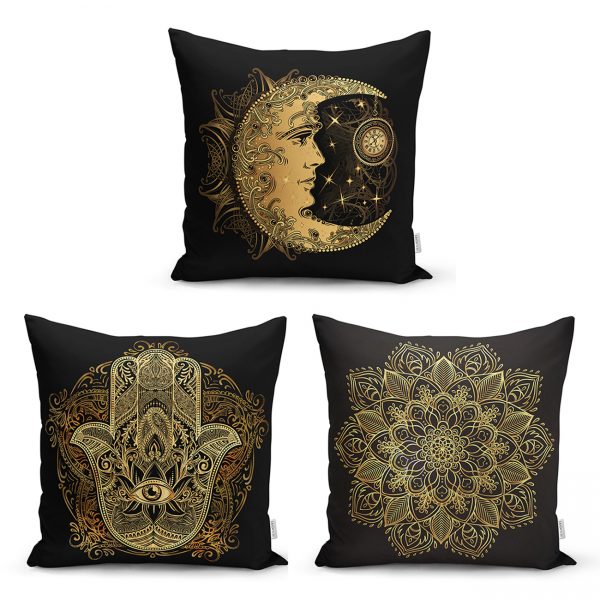 - Rh-K-3luset3-Siyah-Zemin-Uzerinde-Gold-Mandala-Cizimli-3Lu-Kirlent-Kilif-Seti - Realhomes  RealHomes Özel Tasarım Deniz Mavisi İkat Desen Motifli Dijital Baskılı 3'Lü Modern Kırlent Kılıf Seti Realhomes