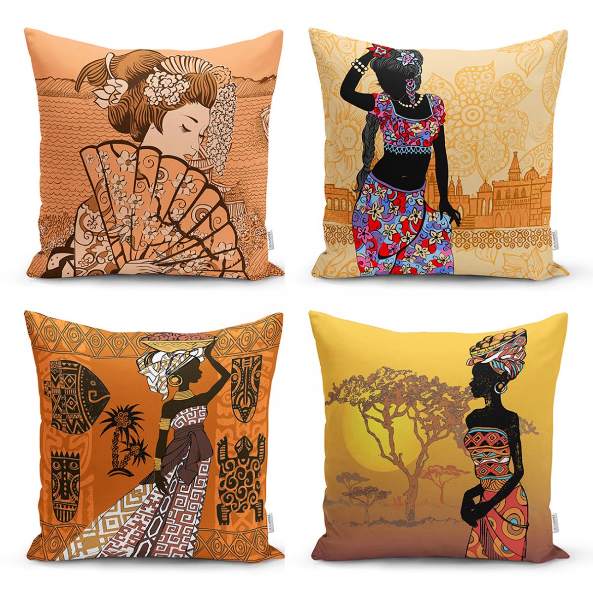 Etnik Afrika Women Desenli 4'Lü Kırlent Kılıf Seti Realhomes