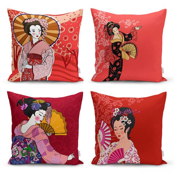 - Rh-K-4luset133-Kirmiz-Japon-Kizlar-Tasarimli-4Lu-Dekoratif-Kirlent-Kilif-Seti - Realhomes  Pembe Zemin Üzerinde Çiçek Motifli Dekoratif 4'Lü Kırlent Kılıf Seti Realhomes