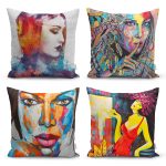 Renkli Sevimli Kedicik Baskılı 4'Lü Kırlent Kılıf Seti Realhomes