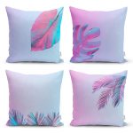 Beyaz Zemin Üzerinde Kurumuş Yaprak Ve Çiçek Tasarımlı Modern Dijital Baskılı 4'Lü Kırlent Kılıf Seti Realhomes