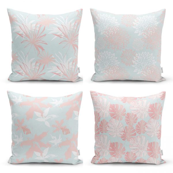 - Rh-K-4luset70-Mavi-Zeminde-Pembe-Ve-Beyaz-Yaprak-Cizimli-Modern-4lu-Yastik-Kirlent-Kilif-Seti - Realhomes  Pembe Zemin Üzerinde Soyut Çizim Tasarımlı Modern Dijital Baskılı 4'lü Yastık Kırlent Kılıf Seti Realhomes