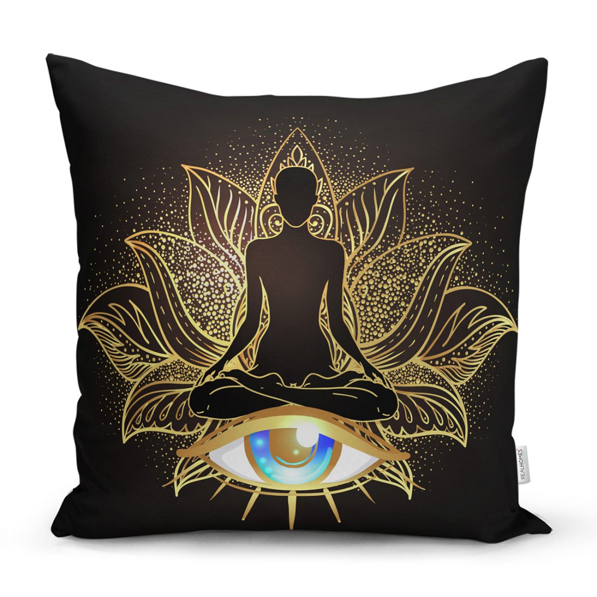 Altın Motifli Yoga Ve Mavi Göz Desenli Özel Tasarım Dijital Baskılı Yastık Kılıfı Realhomes