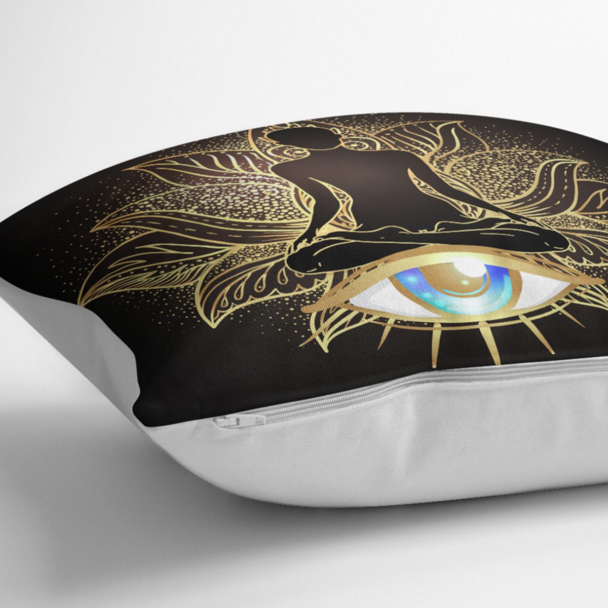 Altın Motifli Yoga Ve Mavi Göz Desenli Özel Tasarım Dijital Baskılı Yastık Kılıfı Realhomes