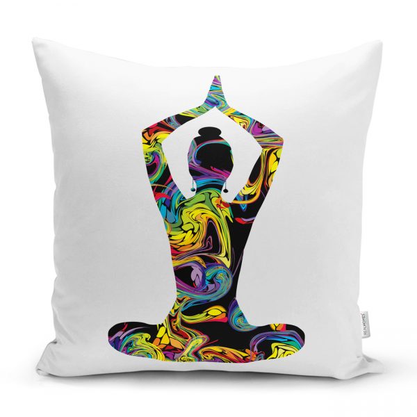 Beyaz Zeminde Gökkuşağı Yoga Desenli Kırlent Kılıfı Realhomes