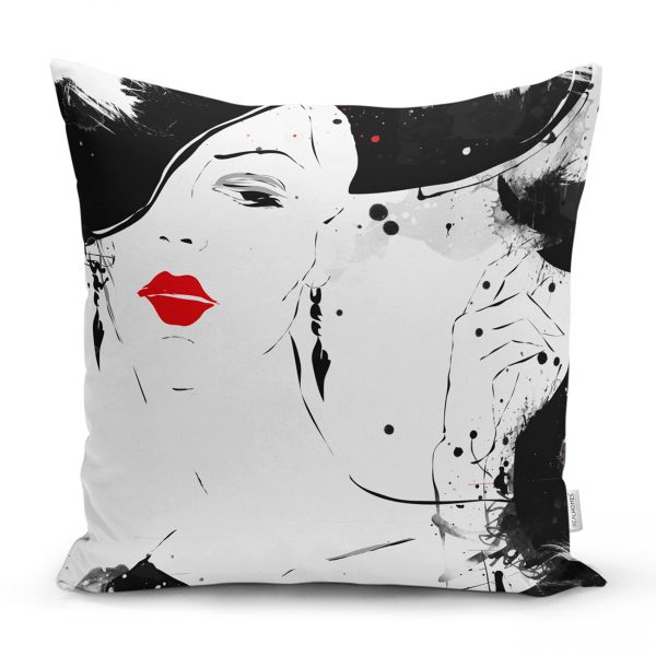 - Rh-K5083-Kirmizi-Rujlu-Siyah-Beyaz-Fashion-Girl-Motifli-Kirlent-Kilifi - Realhomes  Kırmızı Rujlu Siyah Beyaz Fashion Girl Motifli Kırlent Kılıfı Realhomes