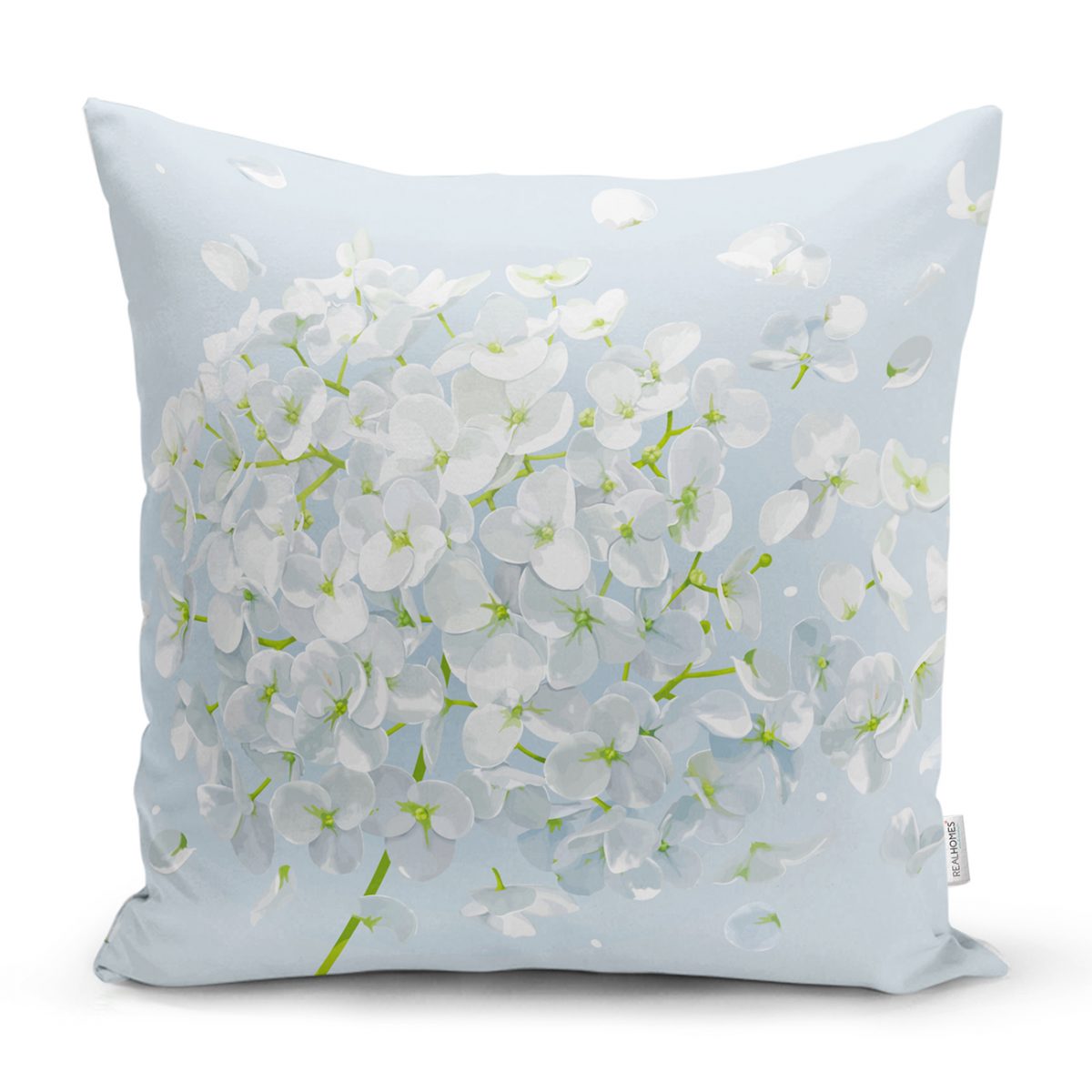 Mavi Zeminde Beyaz Ortanca Çiçeği Baskılı Kırlent Kılıfı Realhomes