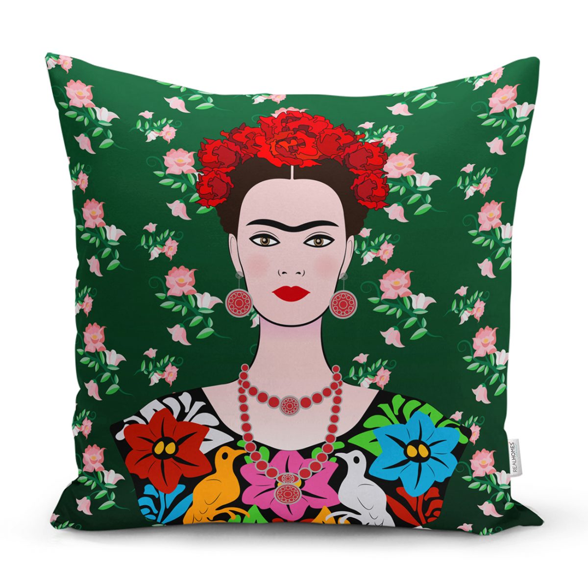 Yeşil Zeminde Frida Kahlo Motifli Özel Tasarım Yastık Kılıfı Realhomes