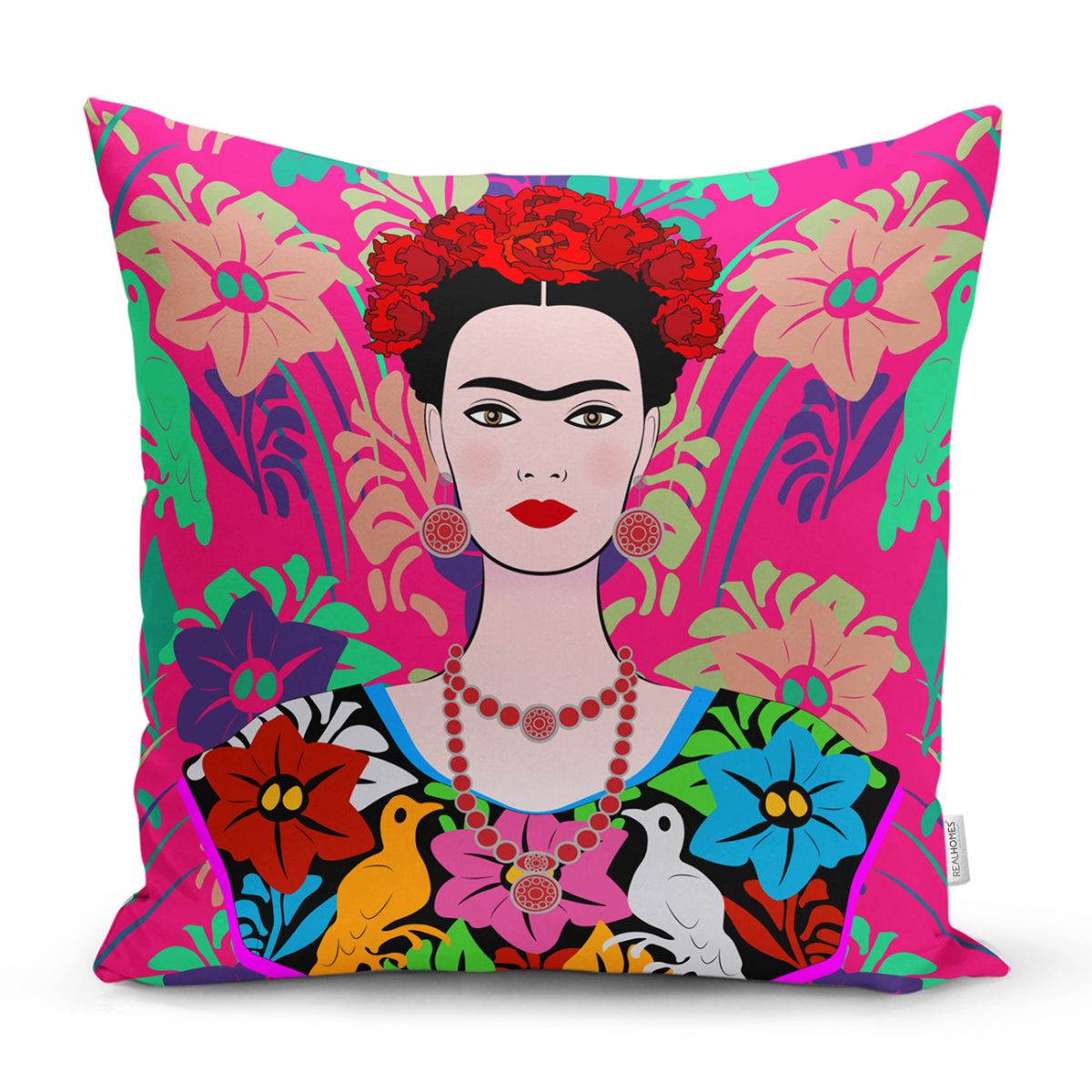 Fuşya Zeminde Frida Kahlo Motifli Özel Tasarım Kırlent Kılıfı Realhomes