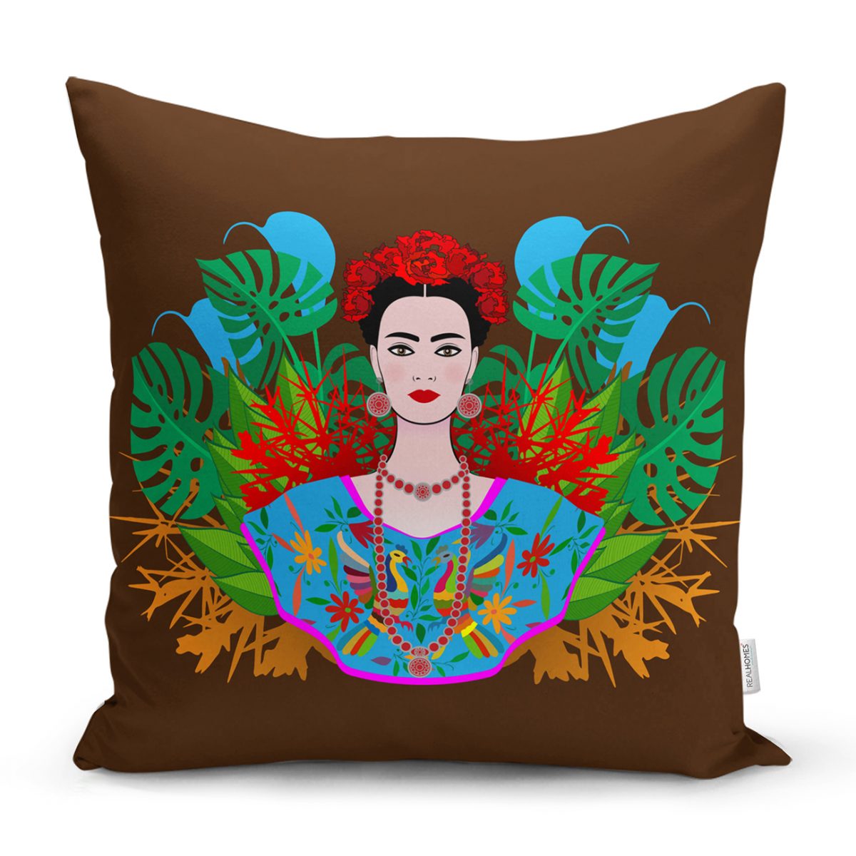 Kahverengi Zeminde Özel Tasarım Frida Kahlo Baskılı Kırlent Kılıfı Realhomes