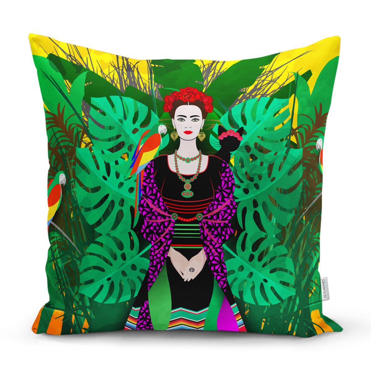 Tropik Yapraklar İçerisinde Frida Motifli Dijital Baskılı Kırlent Kılıfı Realhomes