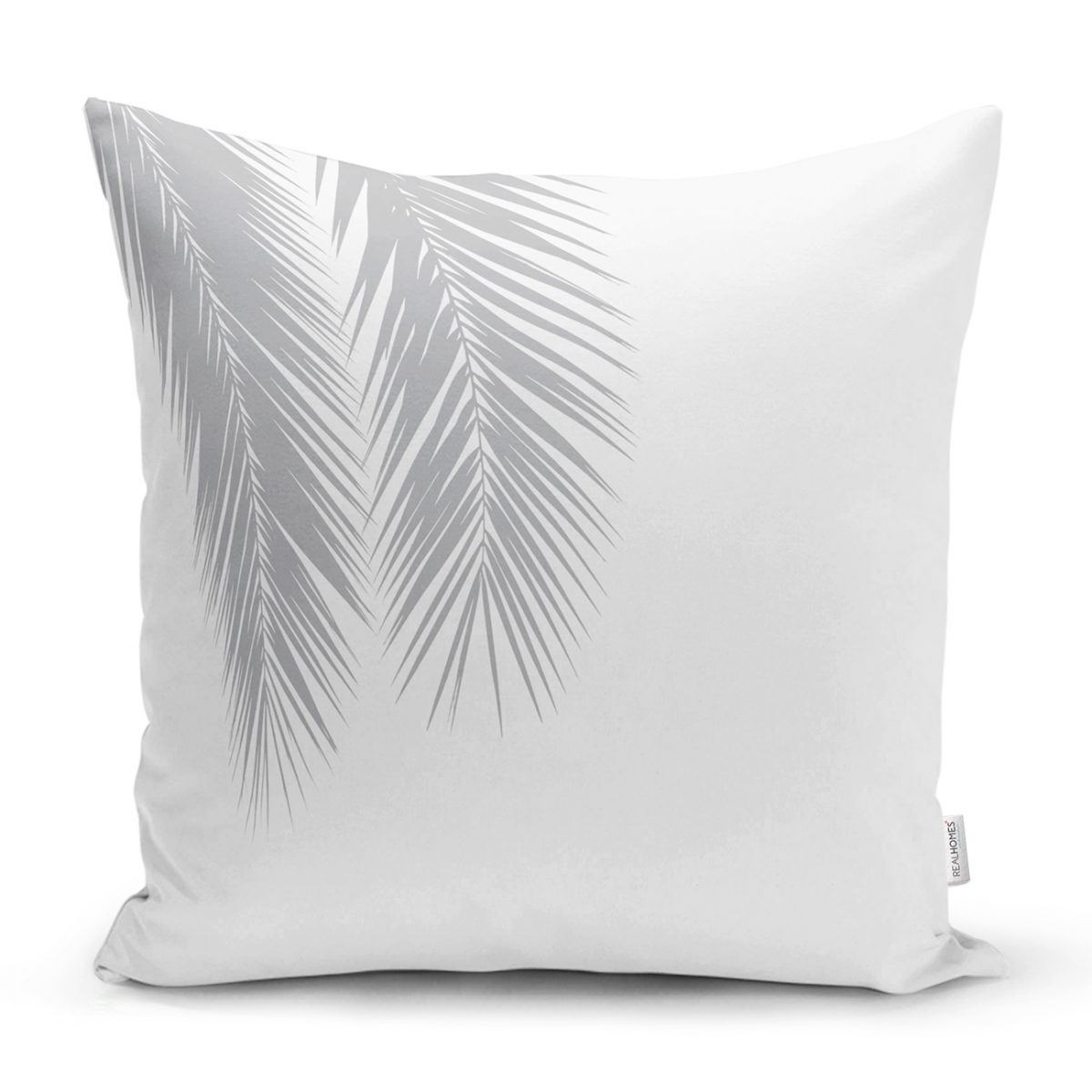 Beyaz Zeminde Gri Palmiye Yaprakları Özel Tasarım Kırlent Kılıfı Realhomes