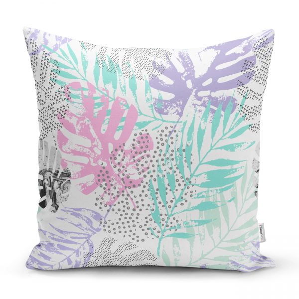 Beyaz Zemin Üzerinde Sulu BoYa Renkli Yaprak Çizimli Modern Yastık Kılıfı Realhomes