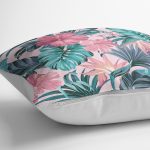 Pembe Zeminde Canlı Tropik Yaprakları Dijital Baskılı Kırlent Kılıfı Realhomes