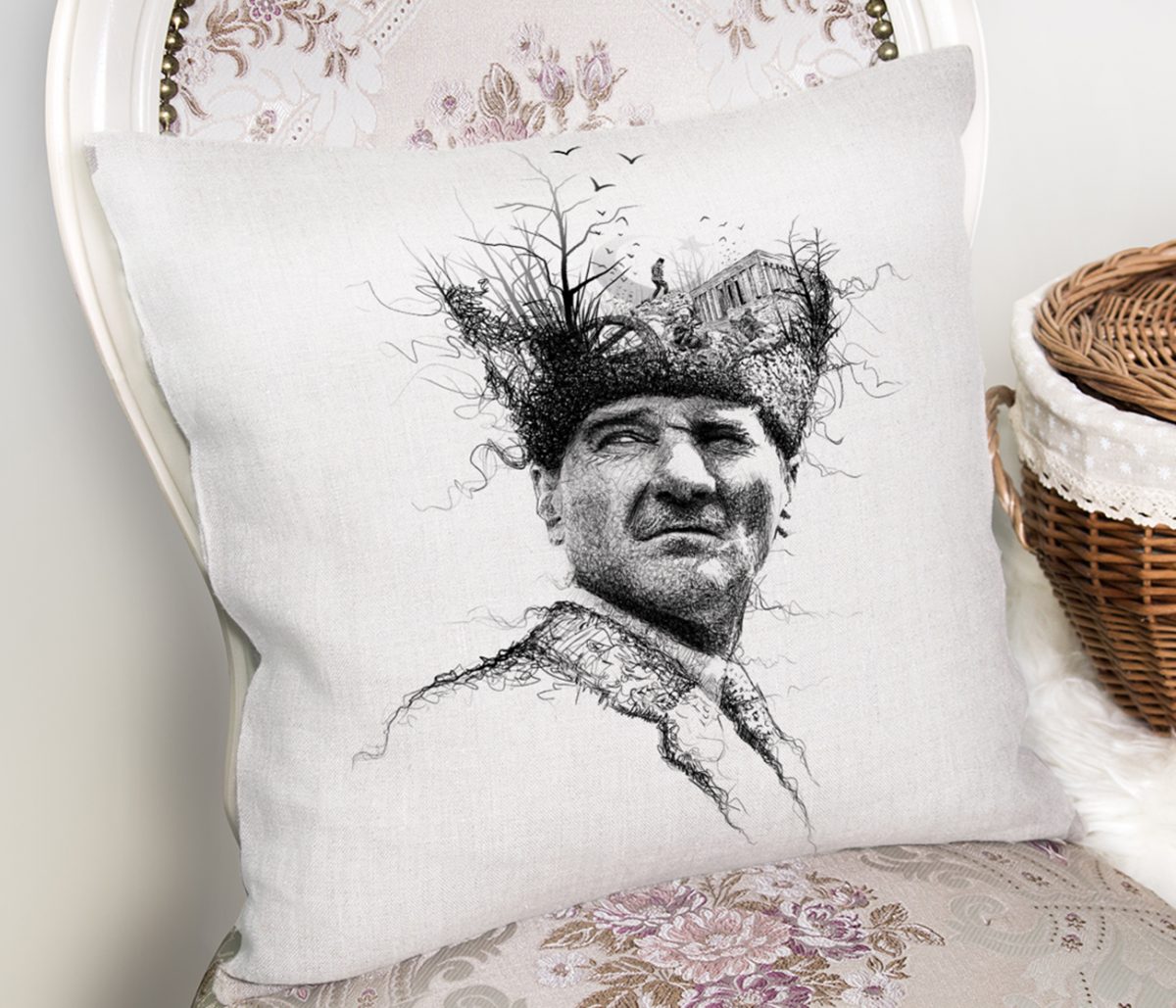 Karakalem Atatürk Portresi Dekoratif Kırlent Kılıfı Realhomes