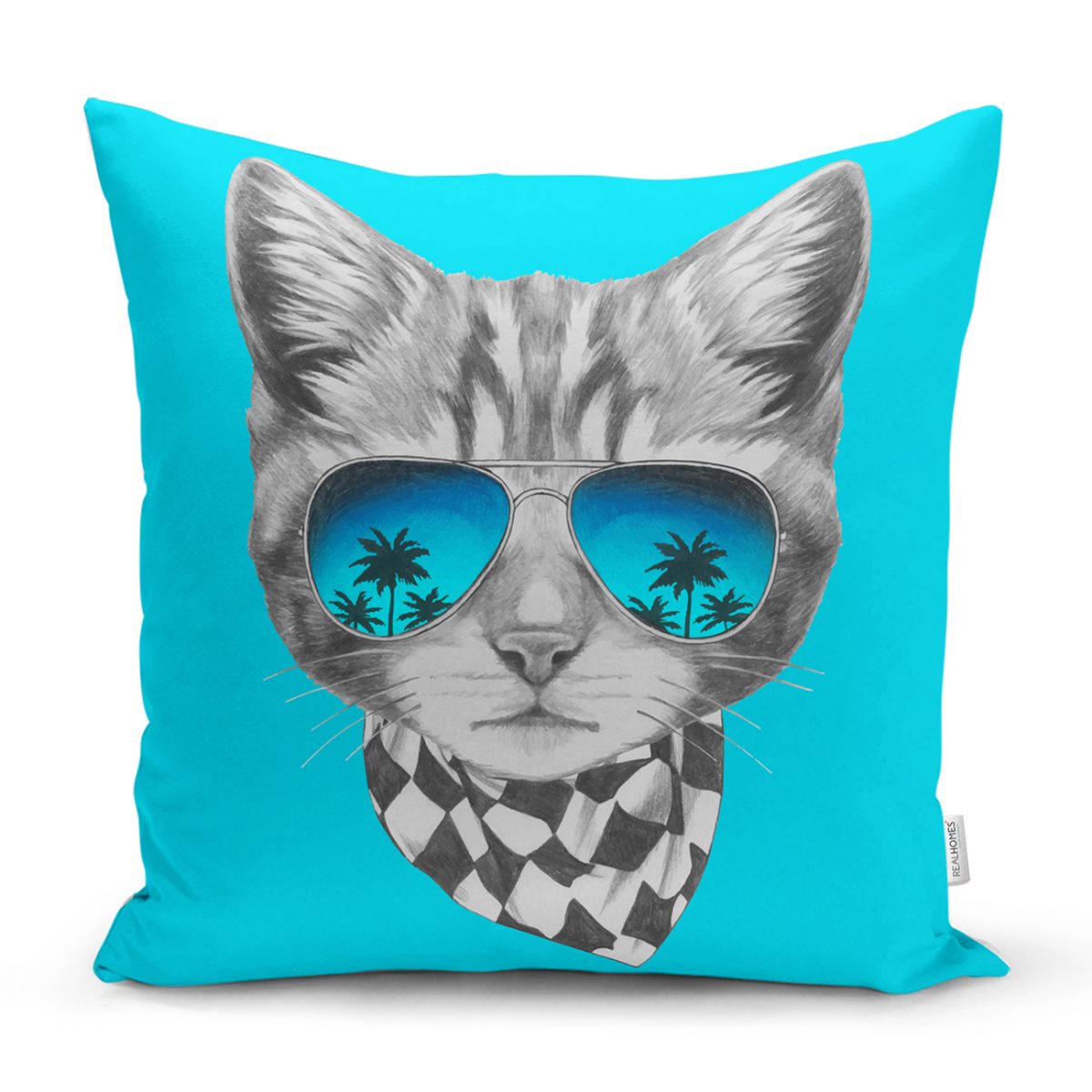 Mavi Zeminde Gözlüklü Cool Kedi Motifli Kırlent Kılıfı Realhomes