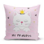 - Rh-K5687-My-Princess-Pembe-Cizgiler-Uzerinde-Tacli-Kedicik-Yastik-Kilifi - Realhomes My Princess Pembe Çizgiler Üzerinde Taçlı Kedicik Yastık Kılıfı Realhomes