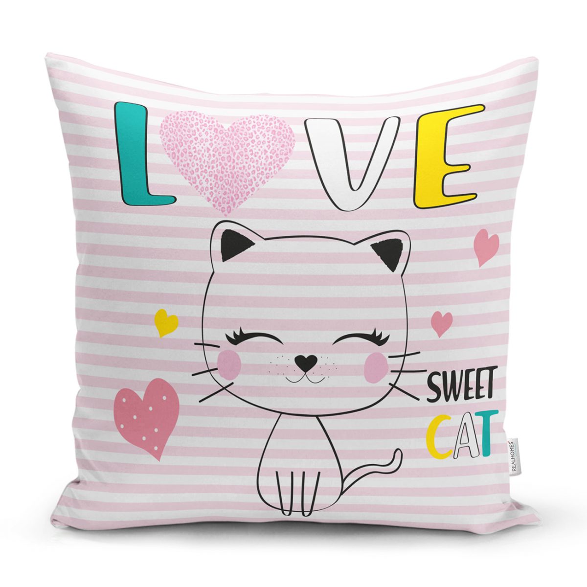 Pembe Çizgili Zeminde Sweet Cat Tasarımlı Yastık Kılıfı Realhomes