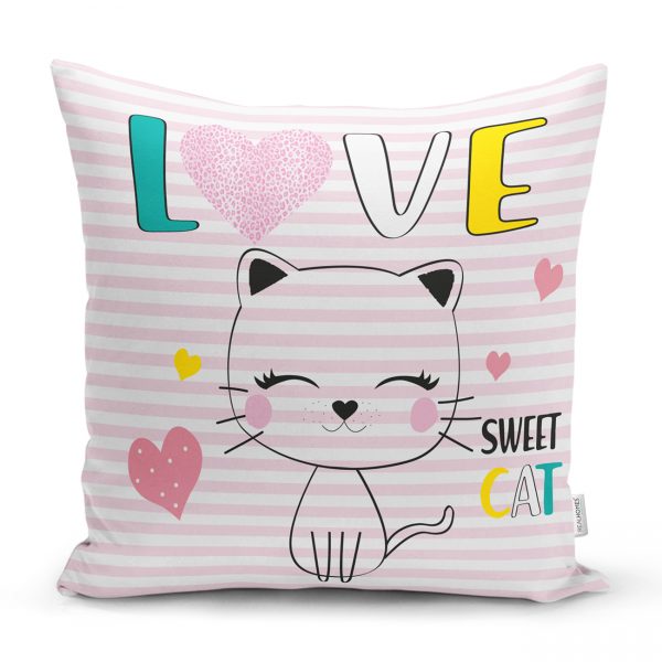 - Rh-K5716-Pembe-Cizgili-Zeminde-Sweet-Cat-Tasarimli-Yastik-Kilifi - Realhomes  Pembe Çizgili Zeminde Sweet Cat Tasarımlı Yastık Kılıfı Realhomes