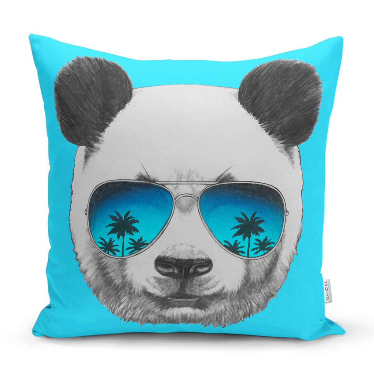 Mavi Zeminde Gözlüklü Cool Panda Motifli Dekoratif Kırlent Kılıfı Realhomes