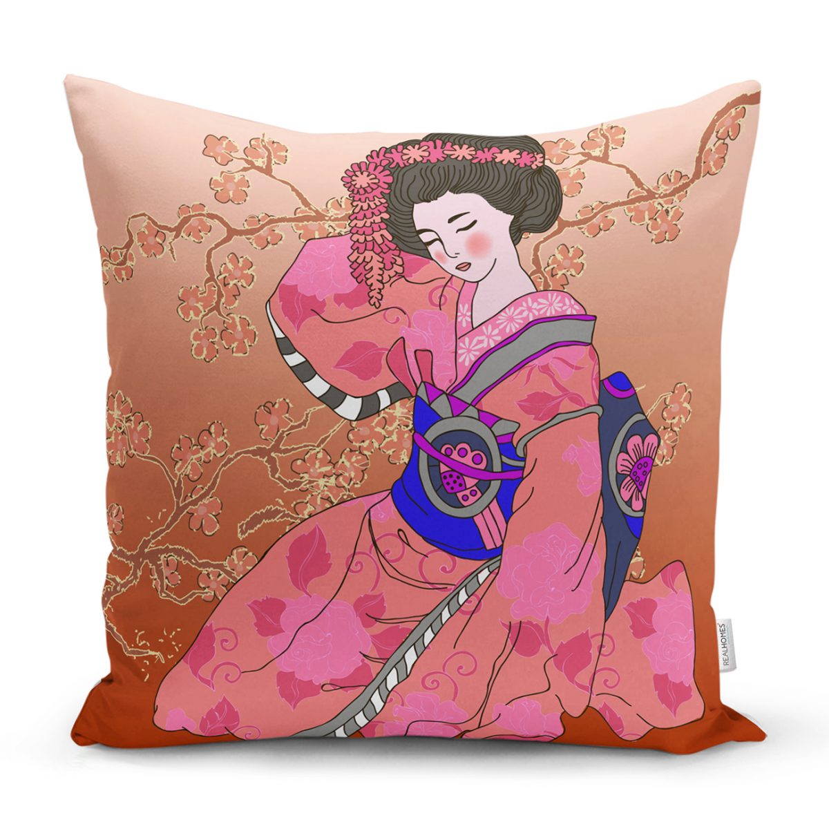 Çiçek Motifleri Üzerinde Japon Kız Desenli Modern Yastık Kılıfı Realhomes