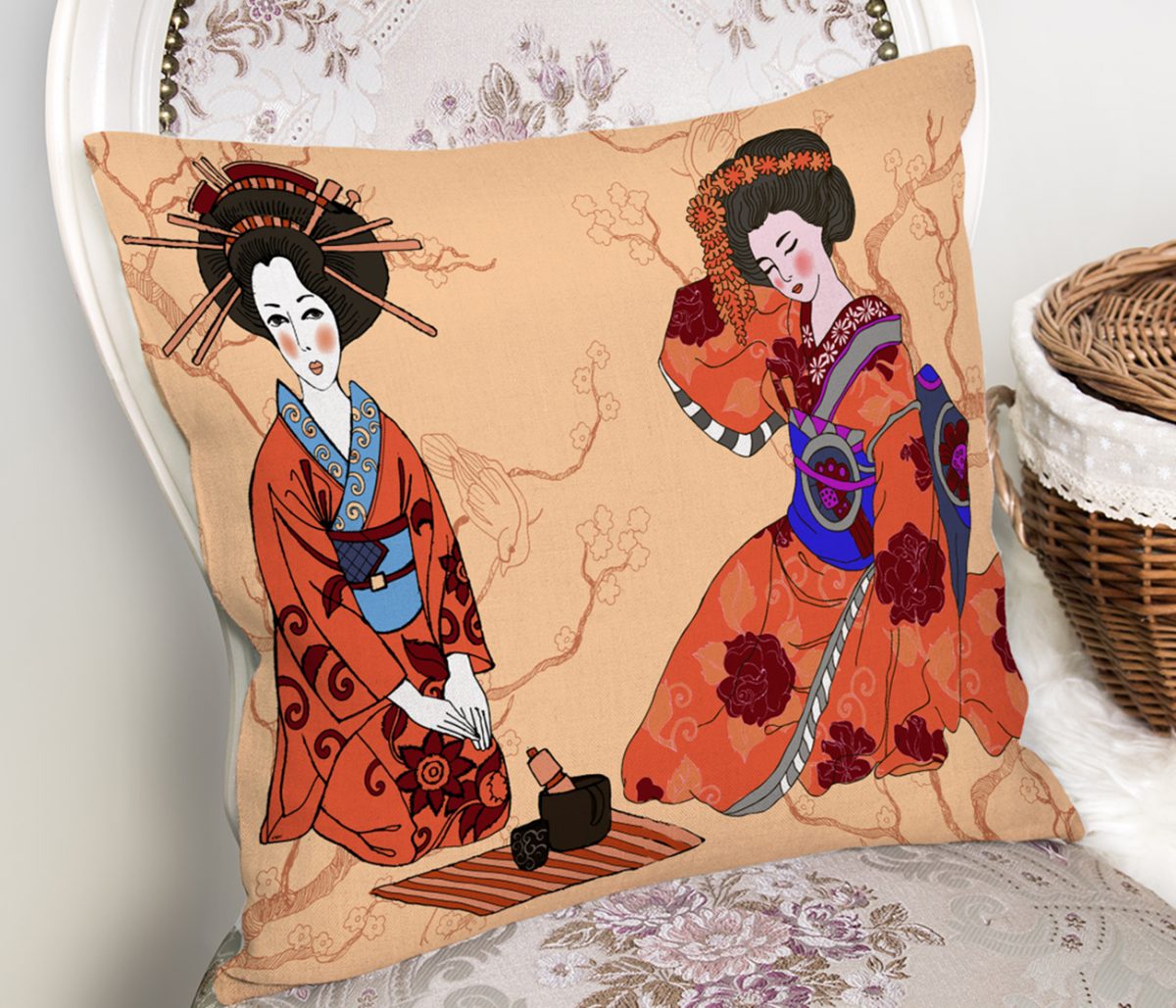 Uzak Doğu Kültürlü Japon Kadın Dijital Baskılı Dekoratif Kırlent Kılıfı Realhomes