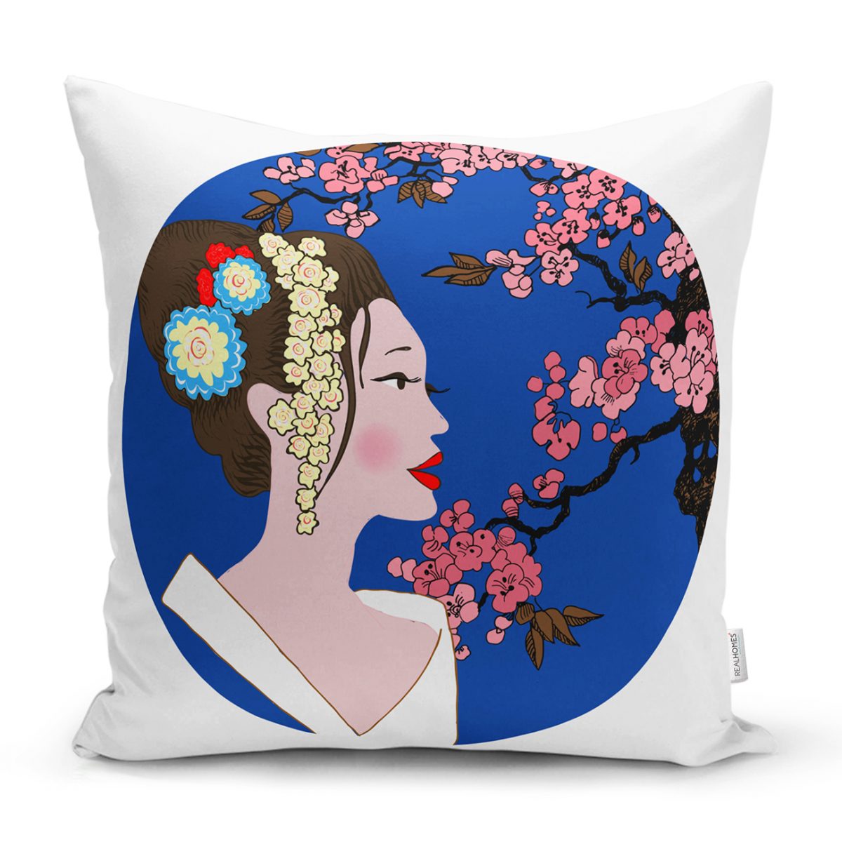 Çiçek Motifli Japon Kız Desenli Dekoratif Yastık Kılıfı Realhomes