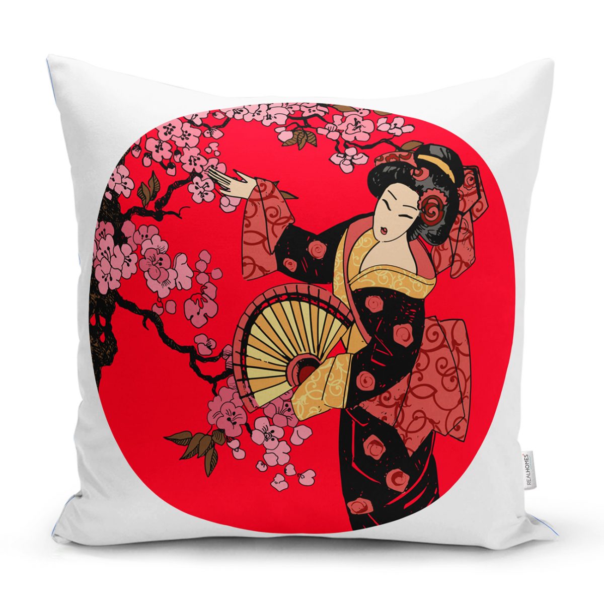 Çiçek Desenli Yelpazeli Japon Kız Motifli Modern Yastık Kılıfı Realhomes