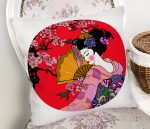 Çiçek Desenli Yelpazeli Japon Kız Motifli Modern Yastık Kılıfı Realhomes