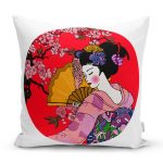 Çiçek Desenli Yelpazeli Japon Kız Motifli Modern Yastık Kılıfı Realhomes