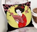 Çiçek Desenli Yelpazeli Japon Kız Motifli Modern Yastık Kılıfı Realhomes