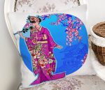 Beyaz ve Mavi Zeminli Çiçekli Japon Kadın Desenli Modern Kırlent Kılıfı Realhomes