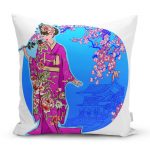 Beyaz ve Mavi Zeminli Çiçekli Japon Kadın Desenli Modern Kırlent Kılıfı Realhomes